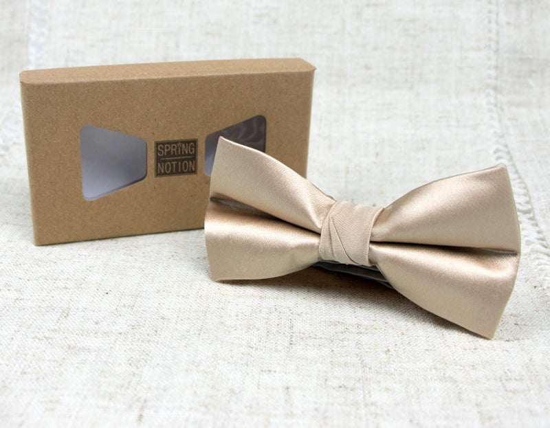 Spring Notion Men's Solid Color Satin Microfiber Bow Tie and Hankerchief Set Champagne - Image 3